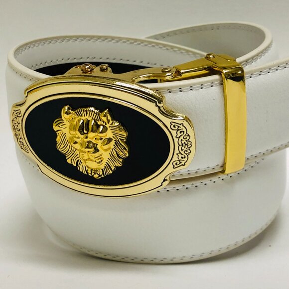Fashion‎ Leather Gold Slide White Men's Belt Automatic Buckle Jeans Dress Lion - Picture 2 of 3